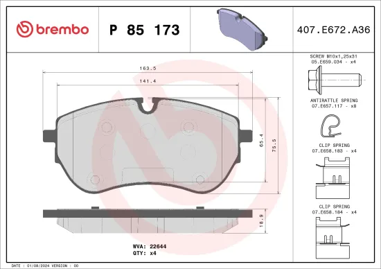 Bremsbelagsatz, Scheibenbremse Vorderachse BREMBO P 85 173 Bild Bremsbelagsatz, Scheibenbremse Vorderachse BREMBO P 85 173