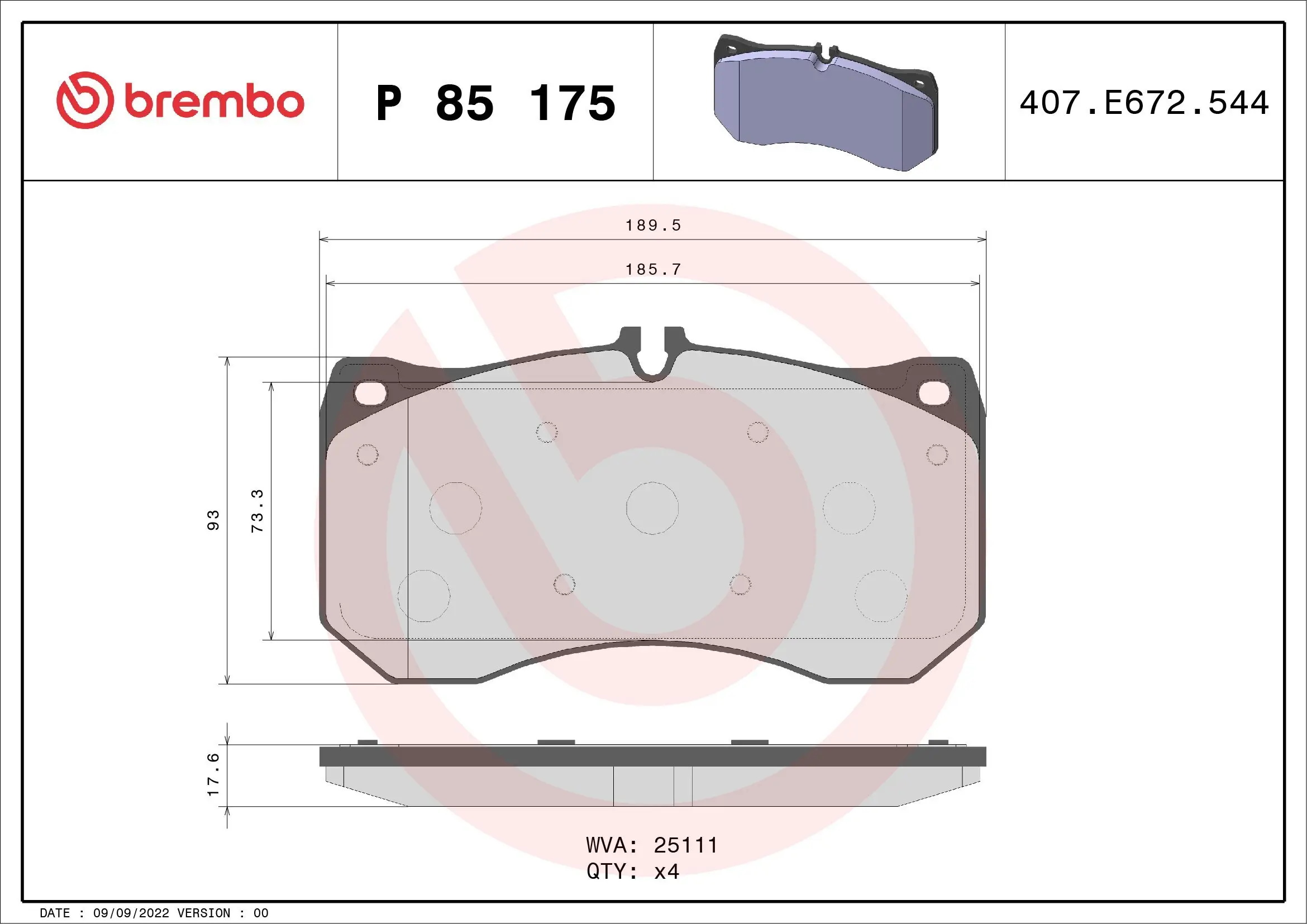 Bremsbelagsatz, Scheibenbremse Vorderachse BREMBO P 85 175