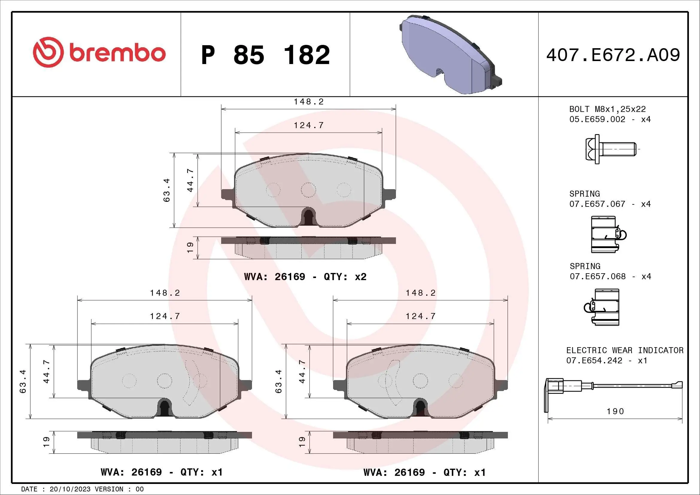 Bremsbelagsatz, Scheibenbremse BREMBO P 85 182 Bild Bremsbelagsatz, Scheibenbremse BREMBO P 85 182