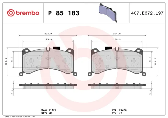 Bremsbelagsatz, Scheibenbremse Vorderachse BREMBO P 85 183 Bild Bremsbelagsatz, Scheibenbremse Vorderachse BREMBO P 85 183