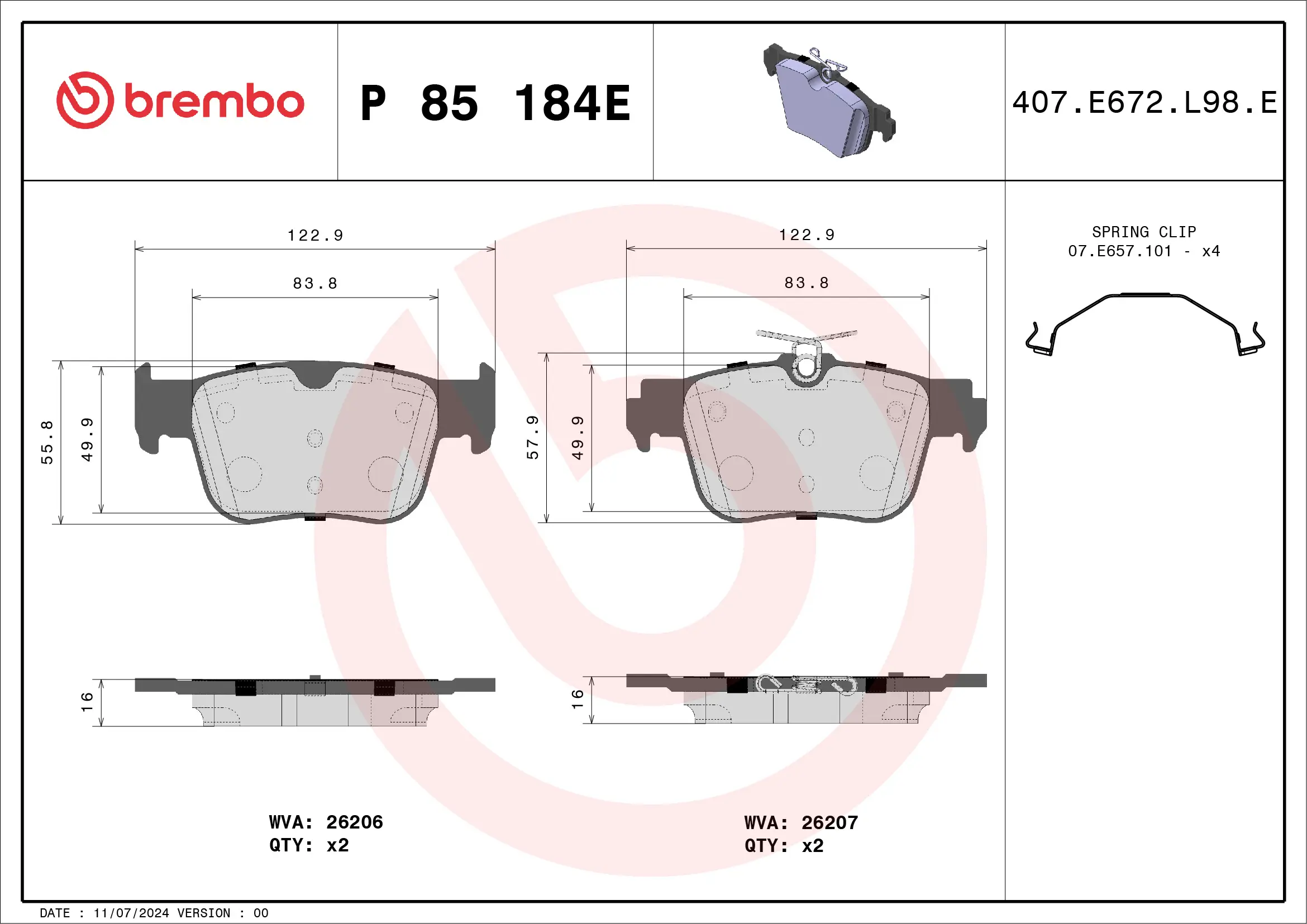 Bremsbelagsatz, Scheibenbremse Hinterachse BREMBO P 85 184E