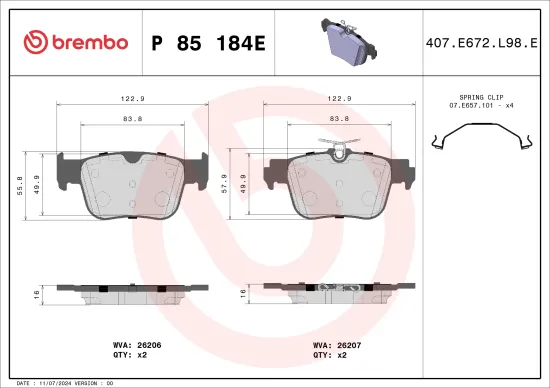 Bremsbelagsatz, Scheibenbremse Hinterachse BREMBO P 85 184E Bild Bremsbelagsatz, Scheibenbremse Hinterachse BREMBO P 85 184E