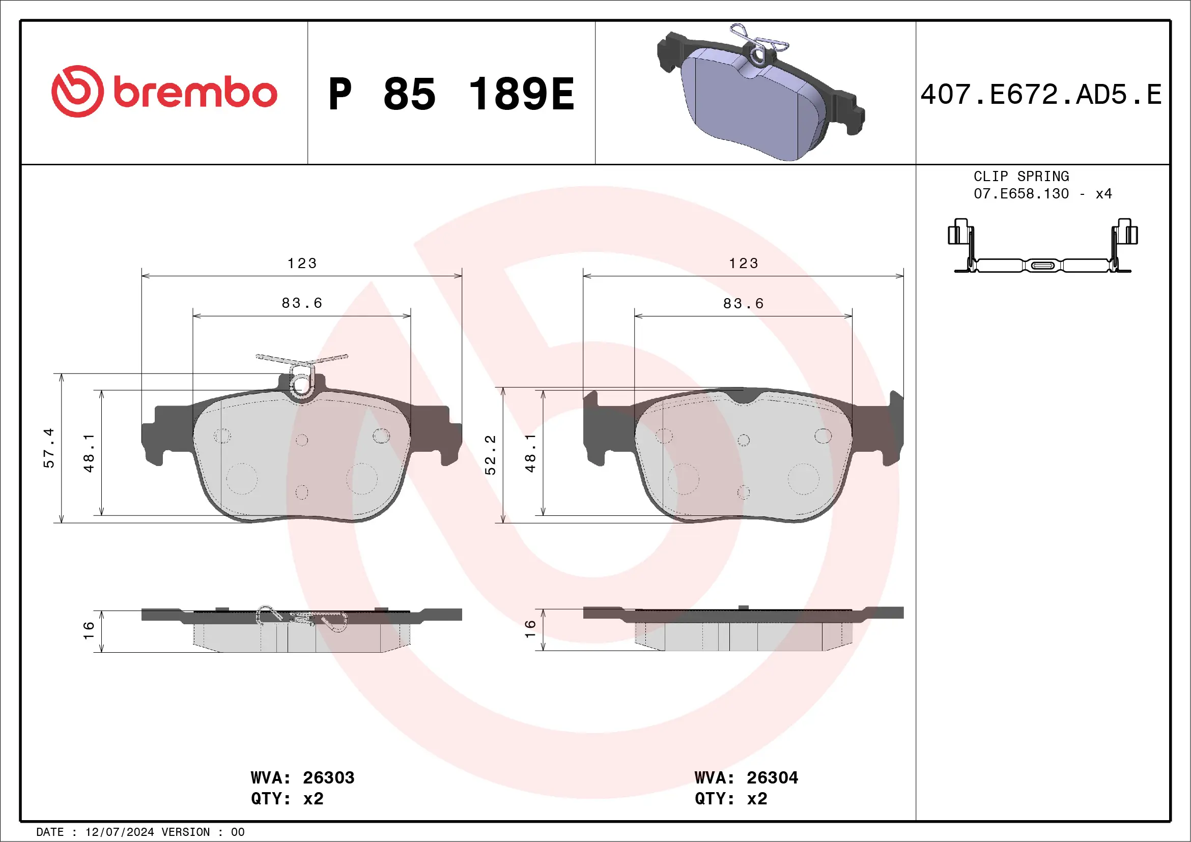 Bremsbelagsatz, Scheibenbremse Hinterachse BREMBO P 85 189E