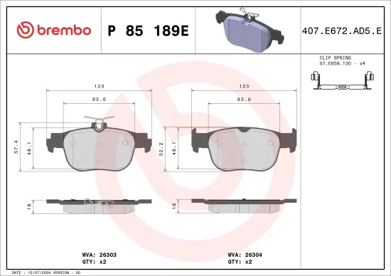 Bremsbelagsatz, Scheibenbremse Hinterachse BREMBO P 85 189E Bild Bremsbelagsatz, Scheibenbremse Hinterachse BREMBO P 85 189E