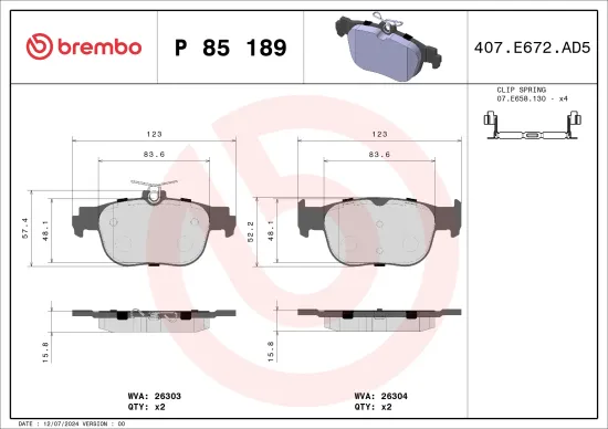 Bremsbelagsatz, Scheibenbremse BREMBO P 85 189 Bild Bremsbelagsatz, Scheibenbremse BREMBO P 85 189