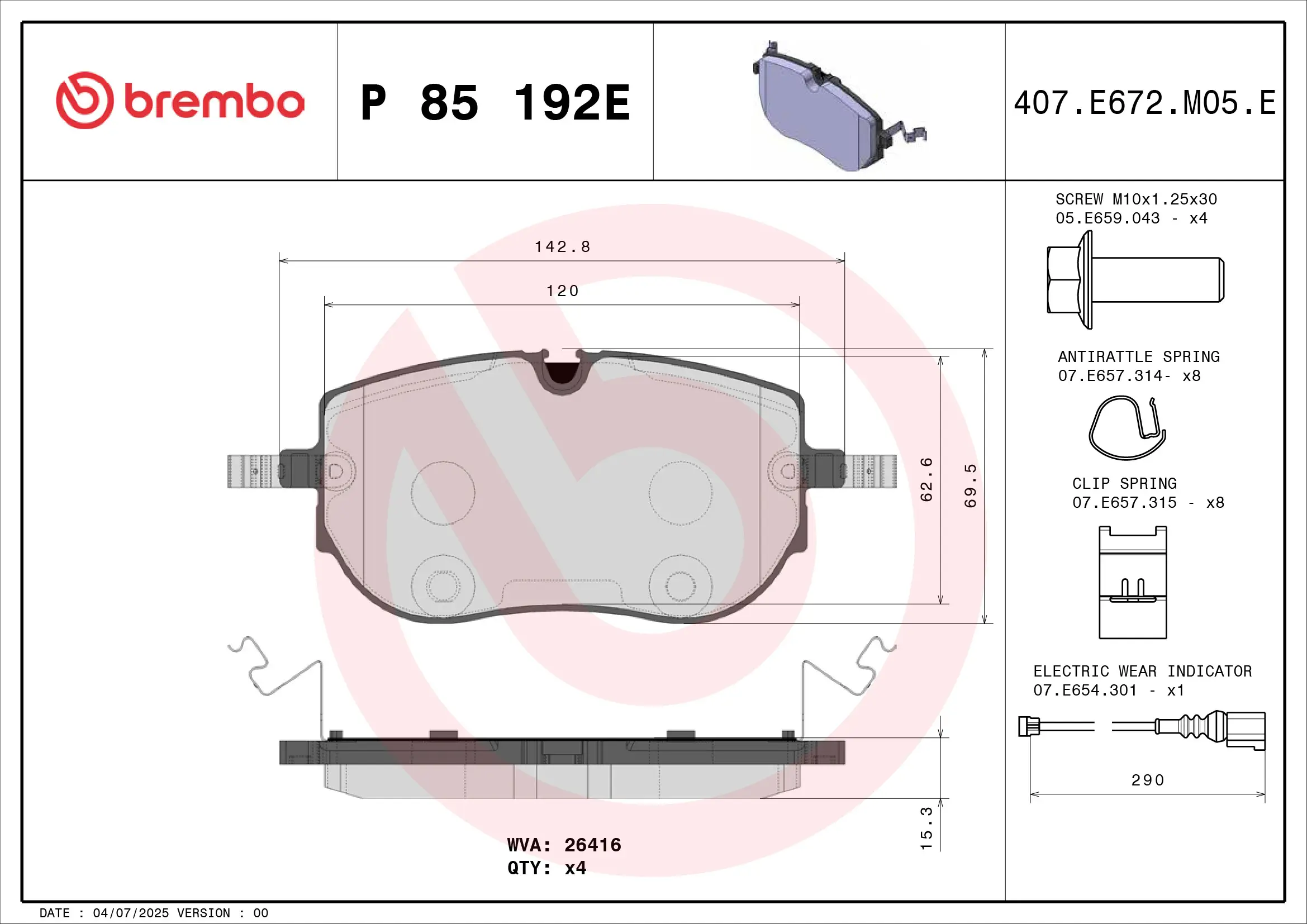 Bremsbelagsatz, Scheibenbremse Vorderachse BREMBO P 85 192E