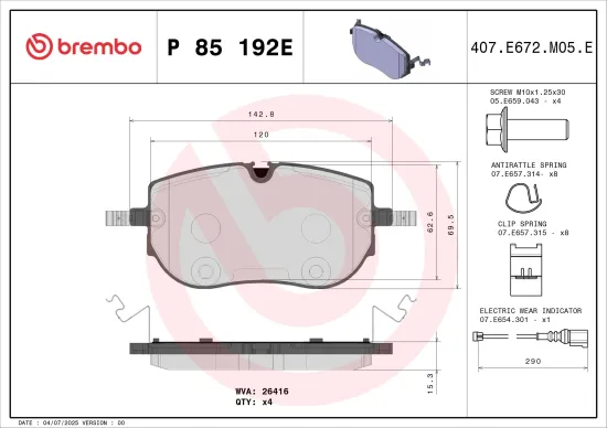Bremsbelagsatz, Scheibenbremse Vorderachse BREMBO P 85 192E Bild Bremsbelagsatz, Scheibenbremse Vorderachse BREMBO P 85 192E
