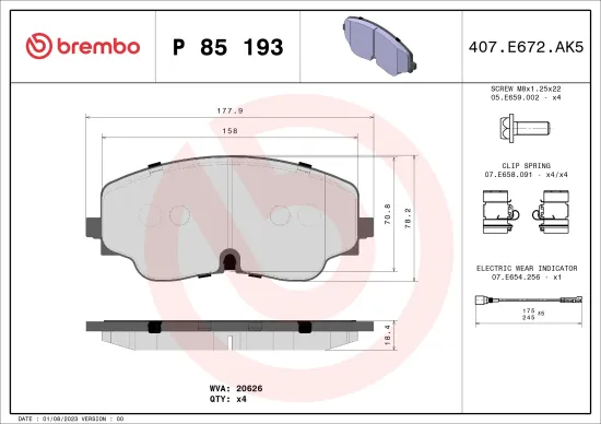 Bremsbelagsatz, Scheibenbremse Vorderachse BREMBO P 85 193 Bild Bremsbelagsatz, Scheibenbremse Vorderachse BREMBO P 85 193
