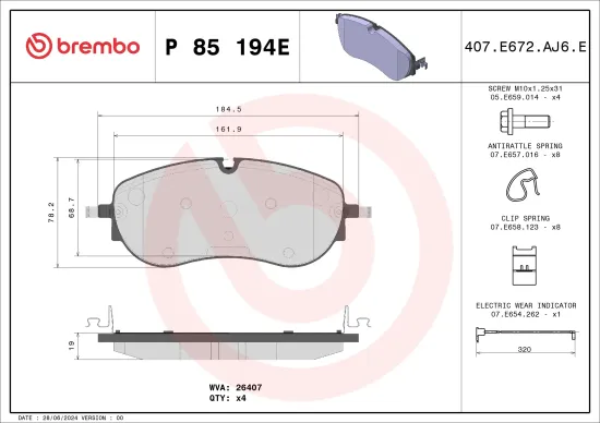 Bremsbelagsatz, Scheibenbremse Vorderachse BREMBO P 85 194E Bild Bremsbelagsatz, Scheibenbremse Vorderachse BREMBO P 85 194E