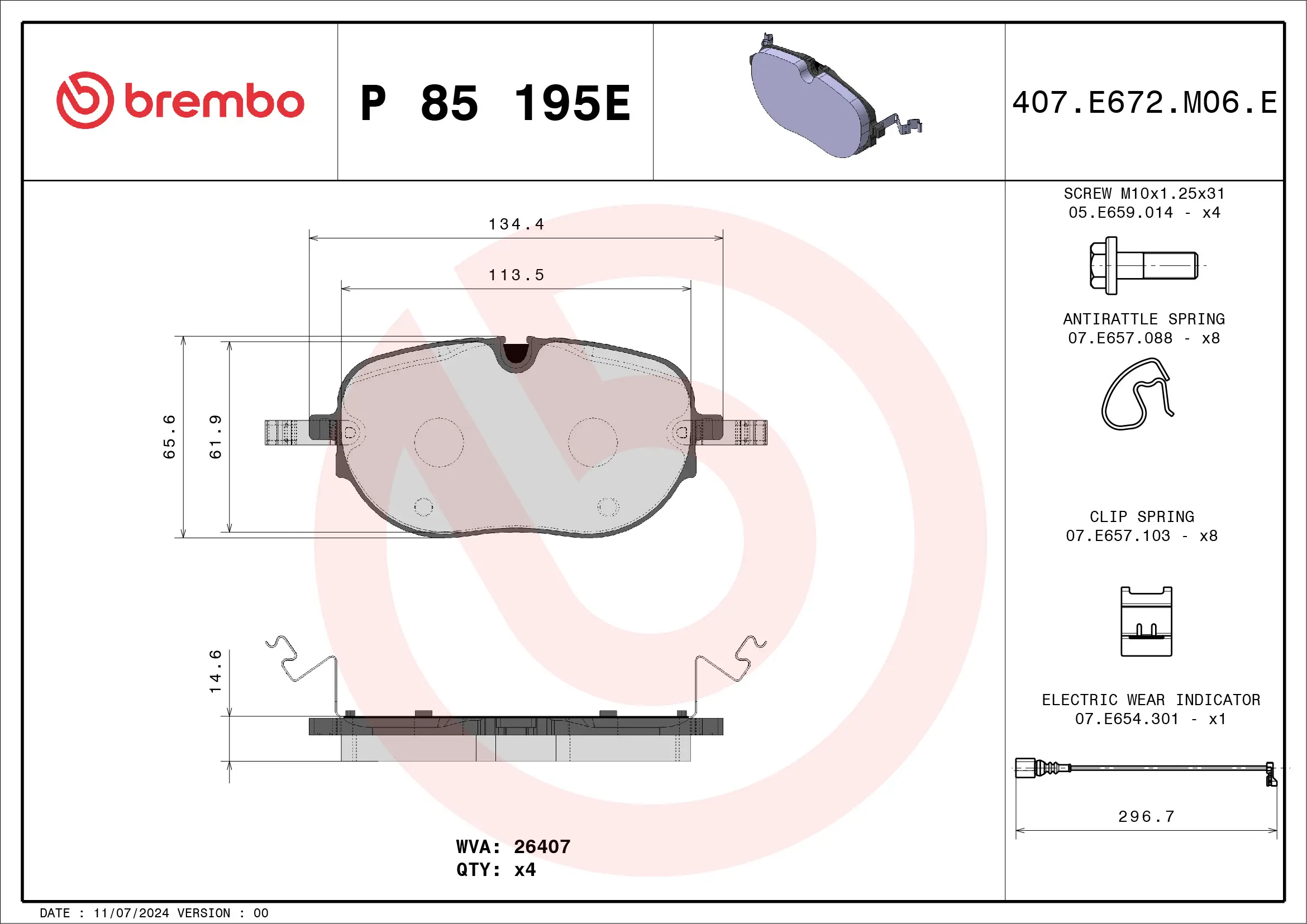 Bremsbelagsatz, Scheibenbremse Vorderachse BREMBO P 85 195E