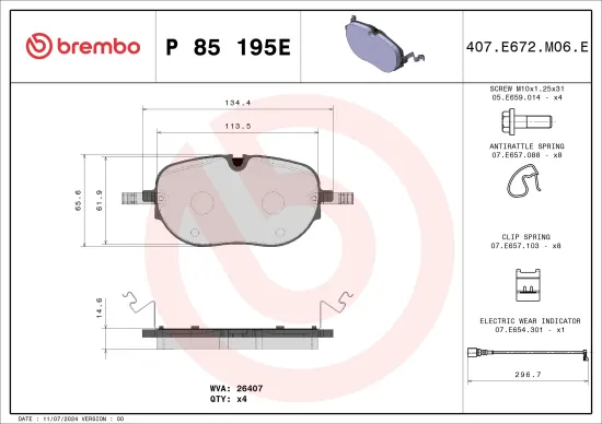 Bremsbelagsatz, Scheibenbremse Vorderachse BREMBO P 85 195E Bild Bremsbelagsatz, Scheibenbremse Vorderachse BREMBO P 85 195E