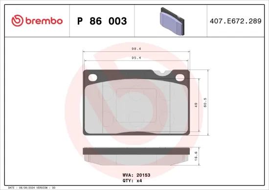 Bremsbelagsatz, Scheibenbremse Vorderachse BREMBO P 86 003 Bild Bremsbelagsatz, Scheibenbremse Vorderachse BREMBO P 86 003