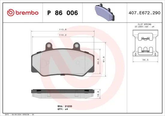 Bremsbelagsatz, Scheibenbremse Vorderachse BREMBO P 86 006 Bild Bremsbelagsatz, Scheibenbremse Vorderachse BREMBO P 86 006