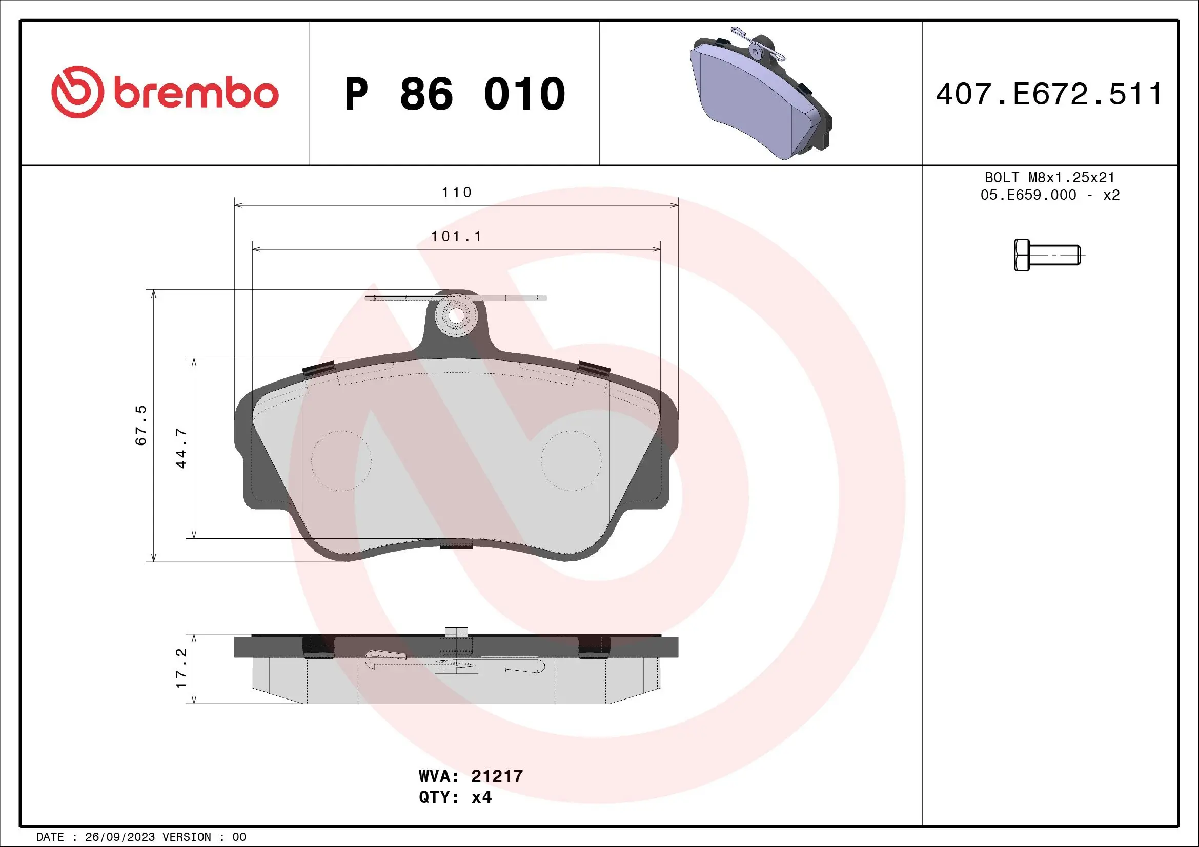 Bremsbelagsatz, Scheibenbremse Vorderachse BREMBO P 86 010