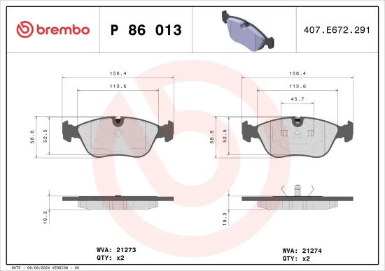 Bremsbelagsatz, Scheibenbremse Vorderachse BREMBO P 86 013 Bild Bremsbelagsatz, Scheibenbremse Vorderachse BREMBO P 86 013