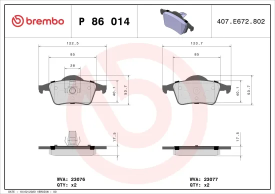 Bremsbelagsatz, Scheibenbremse Hinterachse BREMBO P 86 014 Bild Bremsbelagsatz, Scheibenbremse Hinterachse BREMBO P 86 014