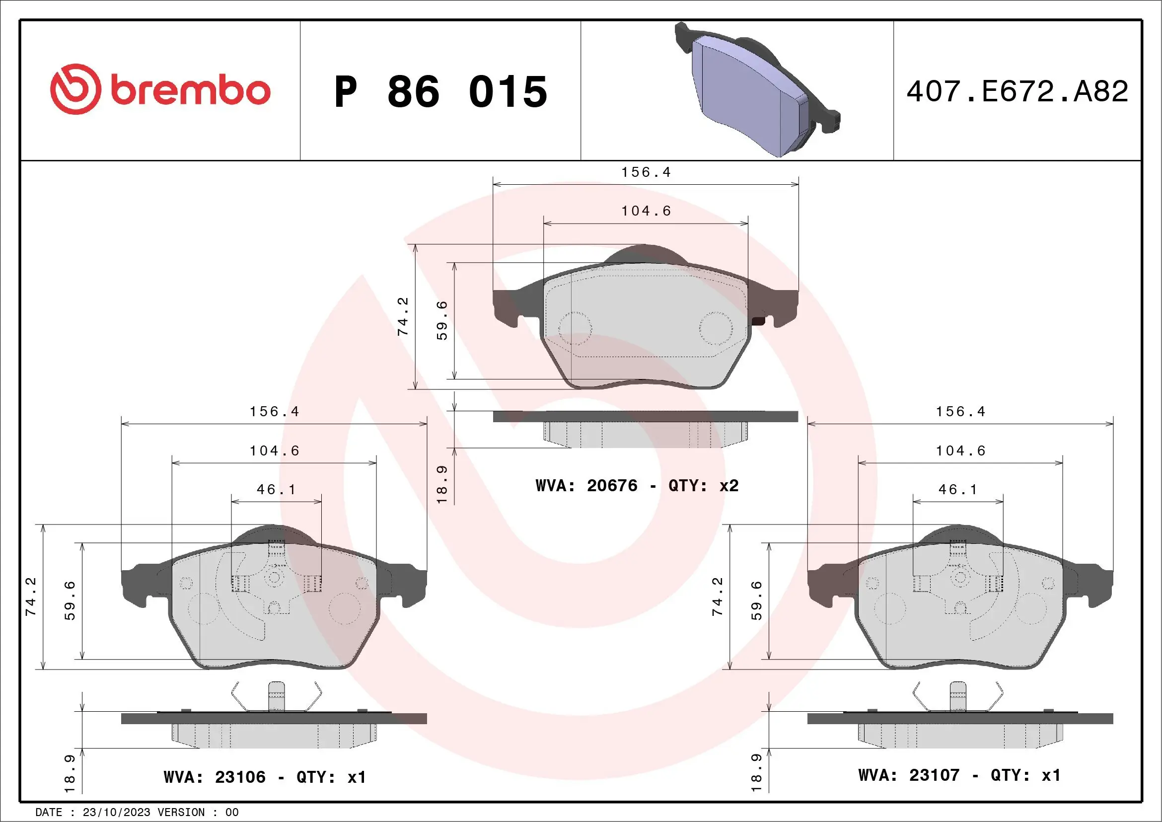 Bremsbelagsatz, Scheibenbremse Vorderachse BREMBO P 86 015