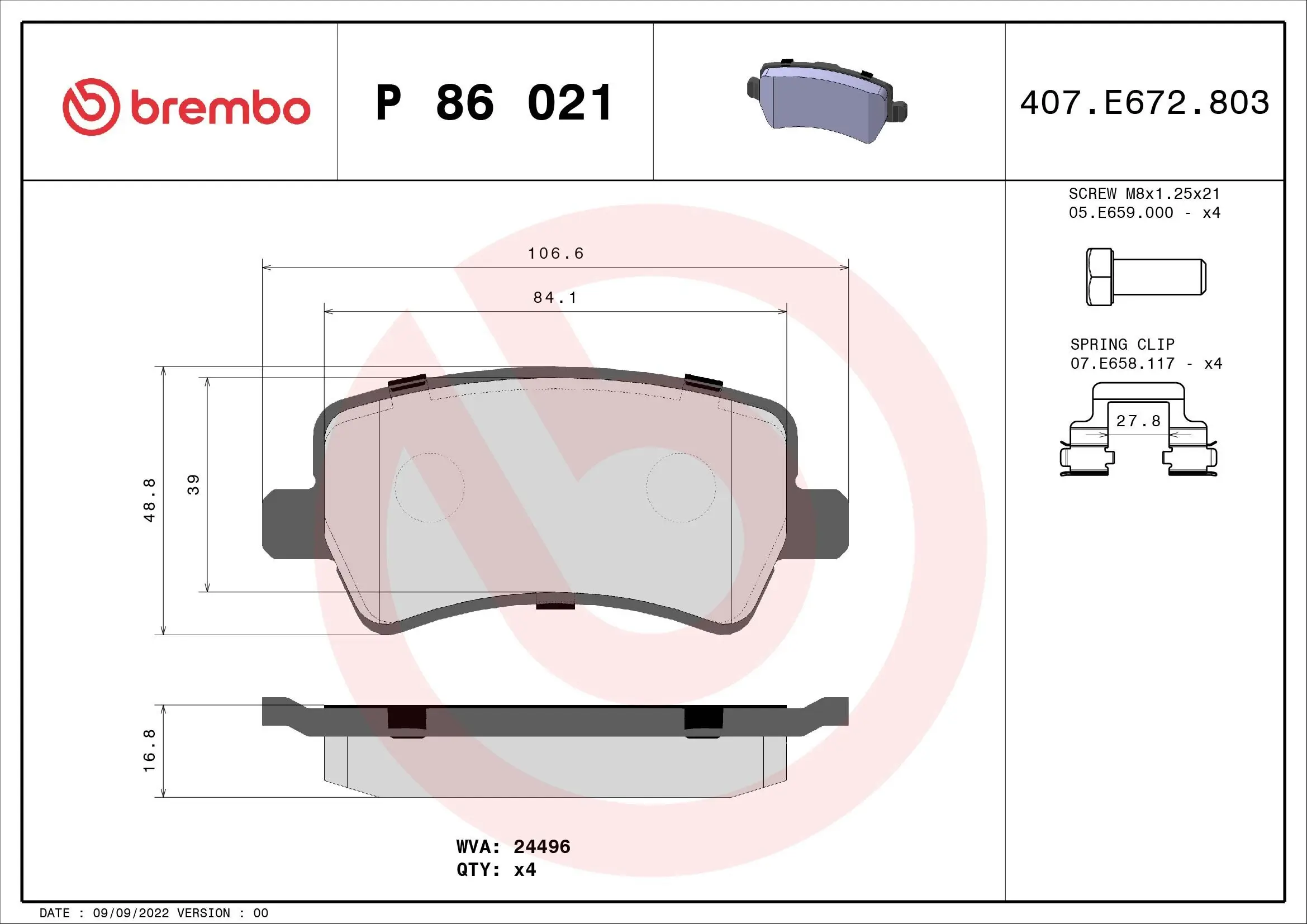 Bremsbelagsatz, Scheibenbremse Hinterachse BREMBO P 86 021