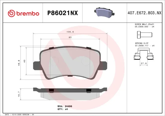 Bremsbelagsatz, Scheibenbremse Hinterachse BREMBO P86021NX Bild Bremsbelagsatz, Scheibenbremse Hinterachse BREMBO P86021NX