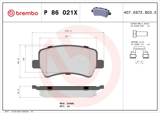 Bremsbelagsatz, Scheibenbremse Hinterachse BREMBO P 86 021X Bild Bremsbelagsatz, Scheibenbremse Hinterachse BREMBO P 86 021X