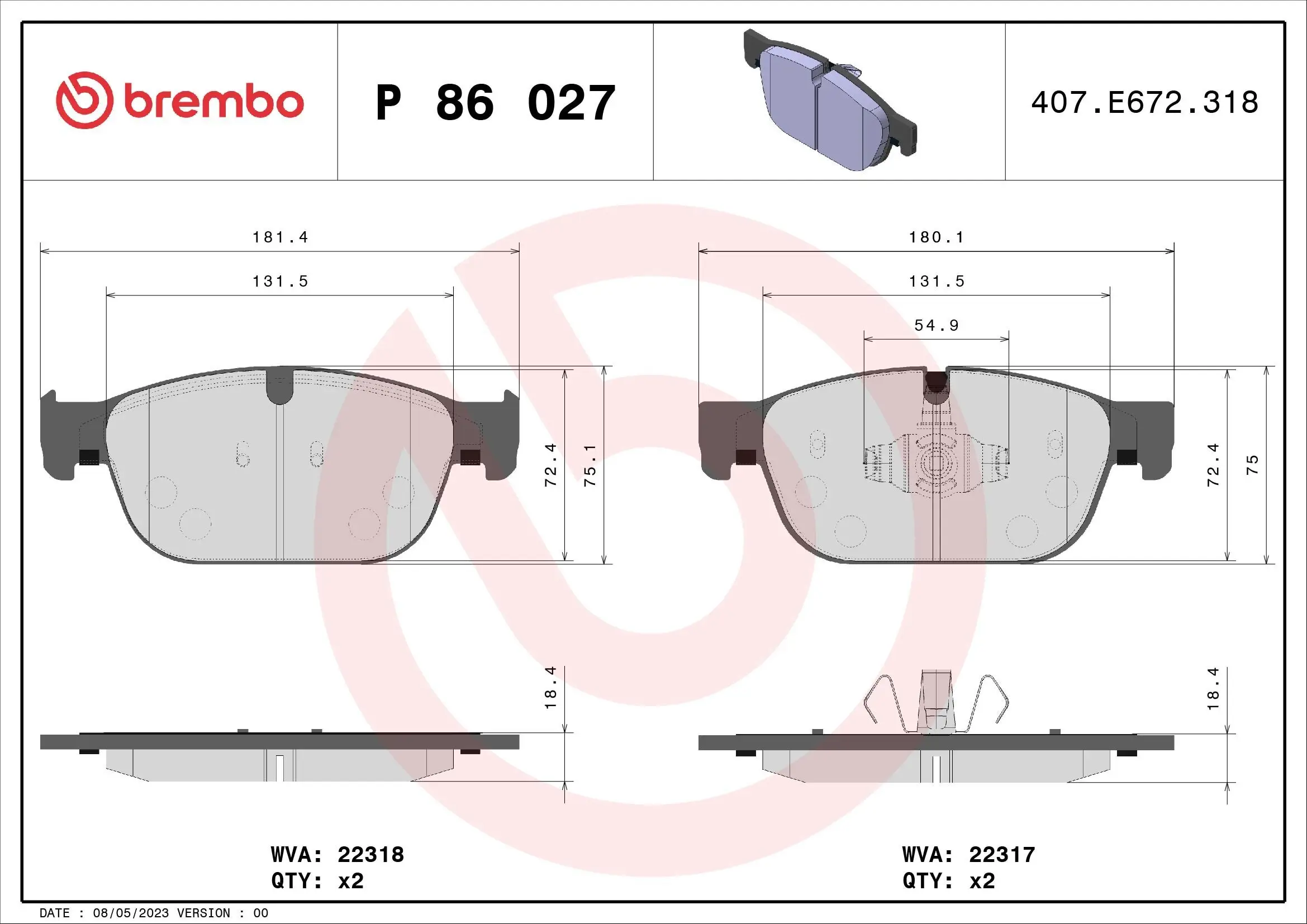 Bremsbelagsatz, Scheibenbremse Vorderachse BREMBO P 86 027