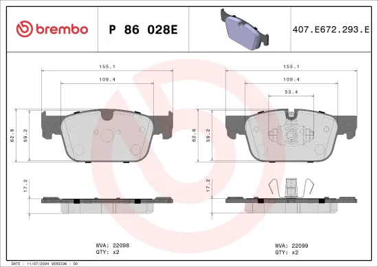 Bremsbelagsatz, Scheibenbremse Vorderachse BREMBO P 86 028E Bild Bremsbelagsatz, Scheibenbremse Vorderachse BREMBO P 86 028E