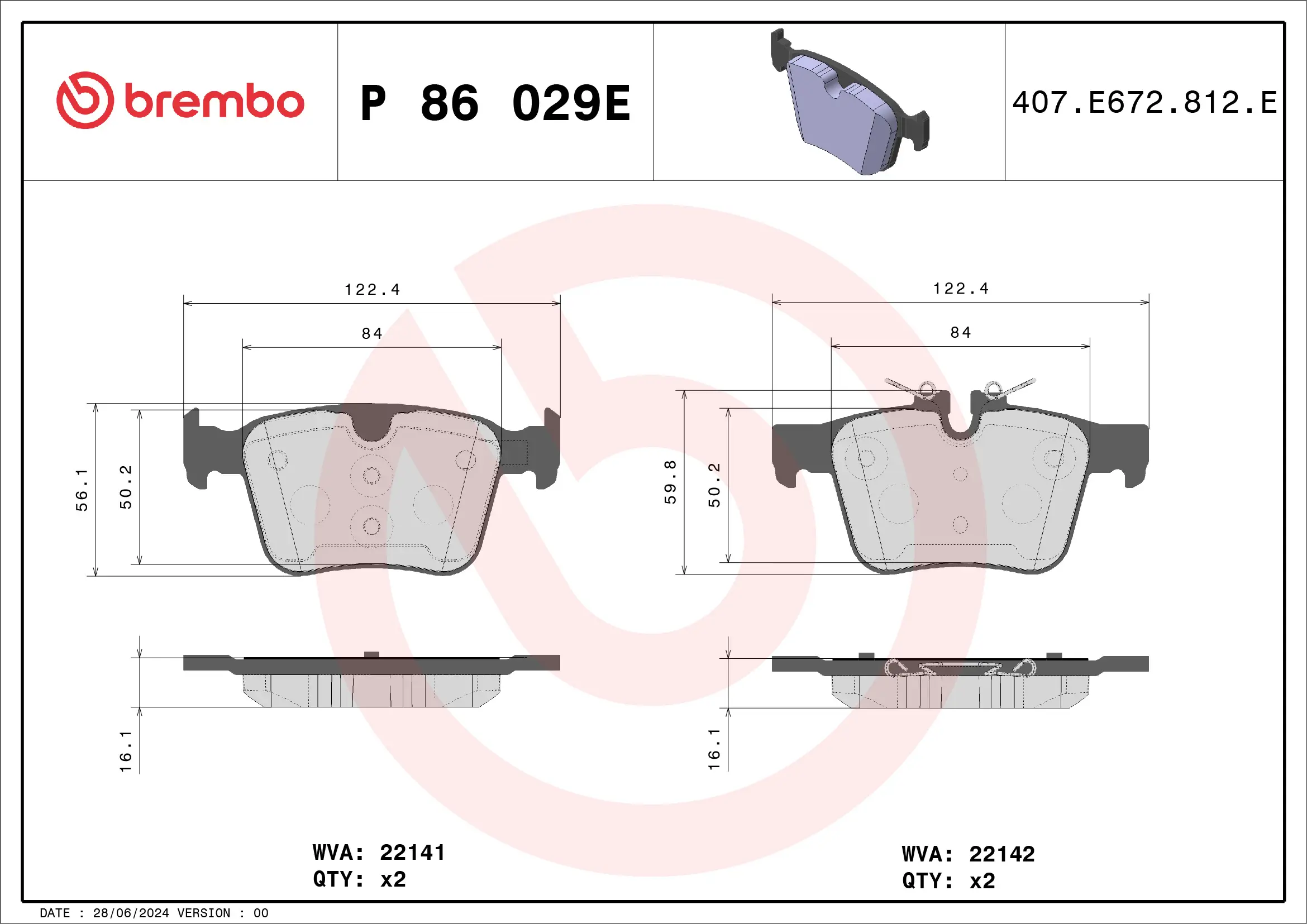 Bremsbelagsatz, Scheibenbremse Hinterachse BREMBO P 86 029E
