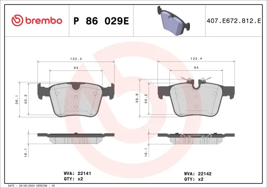Bremsbelagsatz, Scheibenbremse Hinterachse BREMBO P 86 029E Bild Bremsbelagsatz, Scheibenbremse Hinterachse BREMBO P 86 029E