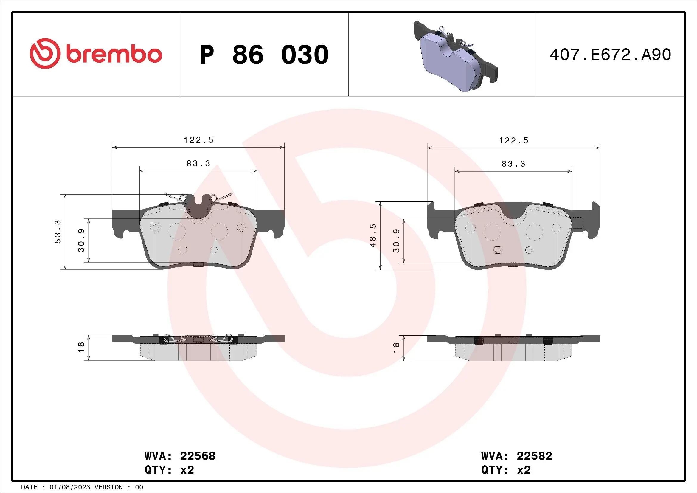 Bremsbelagsatz, Scheibenbremse Hinterachse BREMBO P 86 030