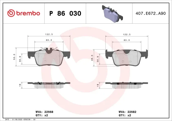 Bremsbelagsatz, Scheibenbremse Hinterachse BREMBO P 86 030 Bild Bremsbelagsatz, Scheibenbremse Hinterachse BREMBO P 86 030