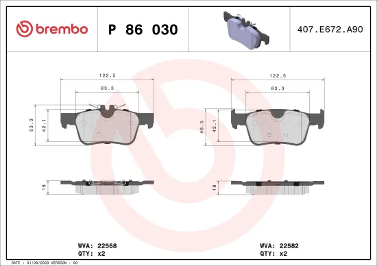 Bremsbelagsatz, Scheibenbremse Hinterachse BREMBO P 86 030 Bild Bremsbelagsatz, Scheibenbremse Hinterachse BREMBO P 86 030