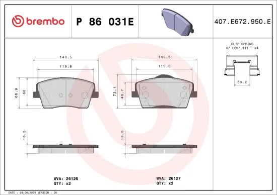 Bremsbelagsatz, Scheibenbremse Vorderachse BREMBO P 86 031E Bild Bremsbelagsatz, Scheibenbremse Vorderachse BREMBO P 86 031E