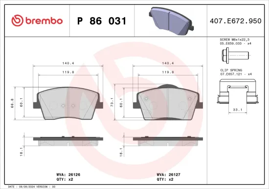 Bremsbelagsatz, Scheibenbremse Vorderachse BREMBO P 86 031 Bild Bremsbelagsatz, Scheibenbremse Vorderachse BREMBO P 86 031