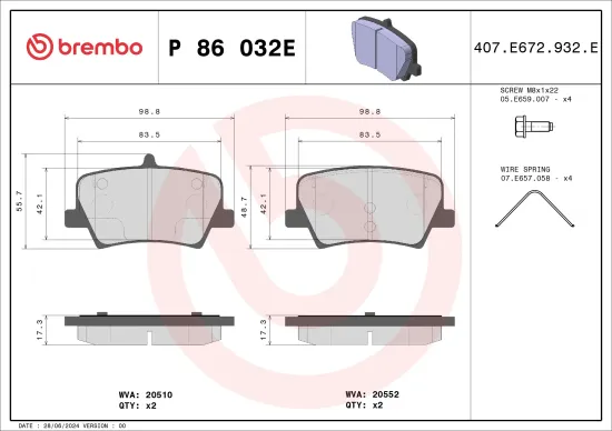 Bremsbelagsatz, Scheibenbremse Hinterachse BREMBO P 86 032E Bild Bremsbelagsatz, Scheibenbremse Hinterachse BREMBO P 86 032E