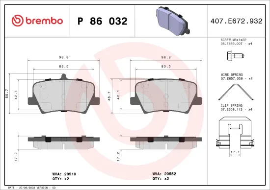 Bremsbelagsatz, Scheibenbremse Hinterachse BREMBO P 86 032 Bild Bremsbelagsatz, Scheibenbremse Hinterachse BREMBO P 86 032