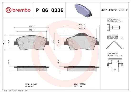 Bremsbelagsatz, Scheibenbremse Vorderachse BREMBO P 86 033E Bild Bremsbelagsatz, Scheibenbremse Vorderachse BREMBO P 86 033E