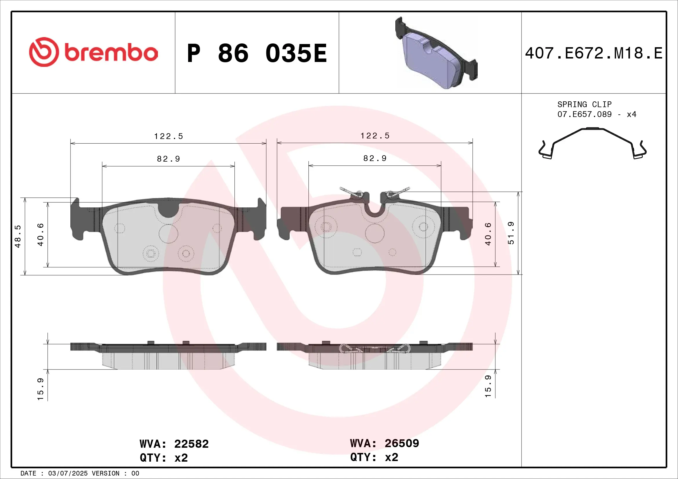 Bremsbelagsatz, Scheibenbremse Hinterachse BREMBO P 86 035E
