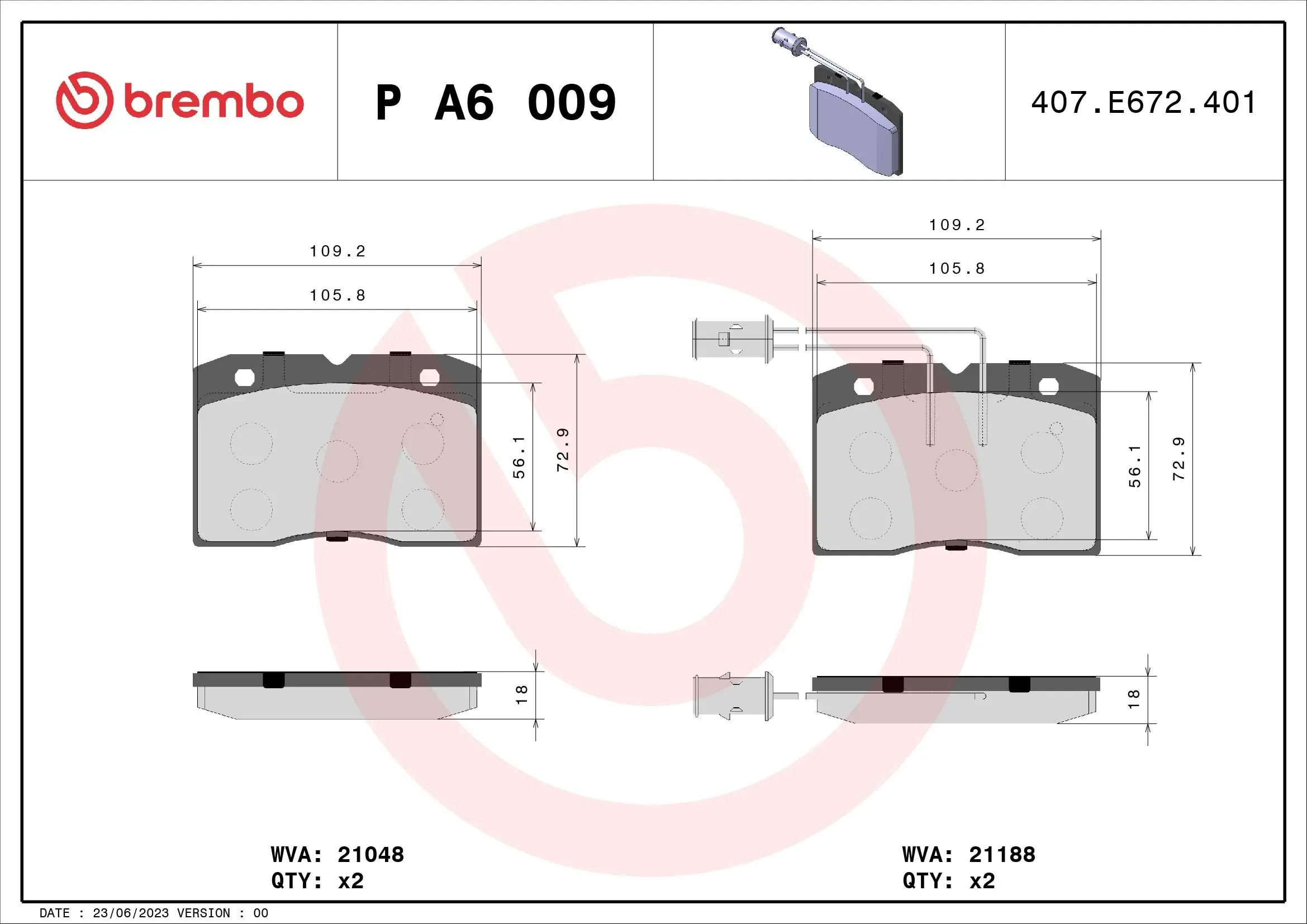 Bremsbelagsatz, Scheibenbremse BREMBO P A6 009 Bild Bremsbelagsatz, Scheibenbremse BREMBO P A6 009