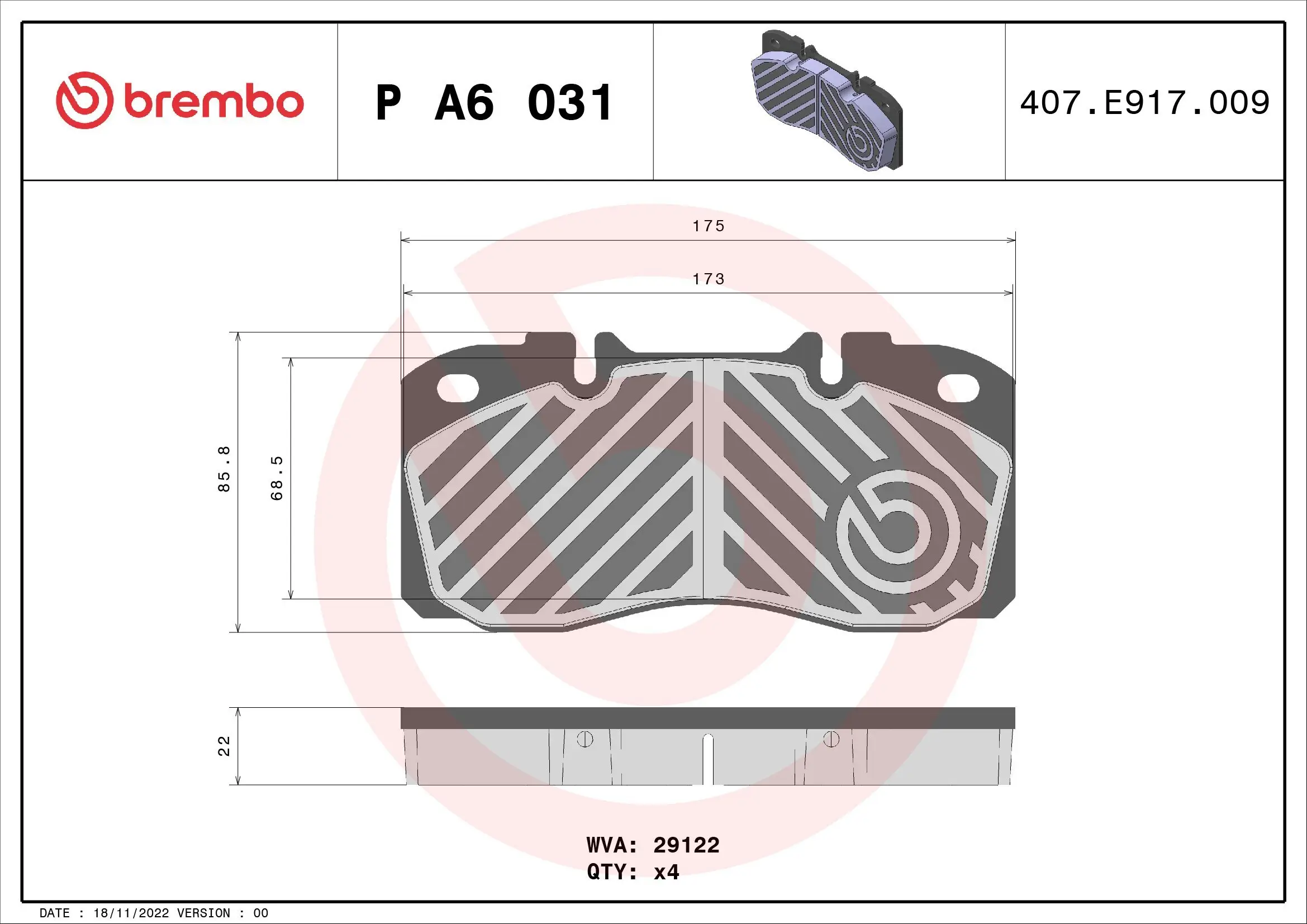 Bremsbelagsatz, Scheibenbremse BREMBO P A6 031