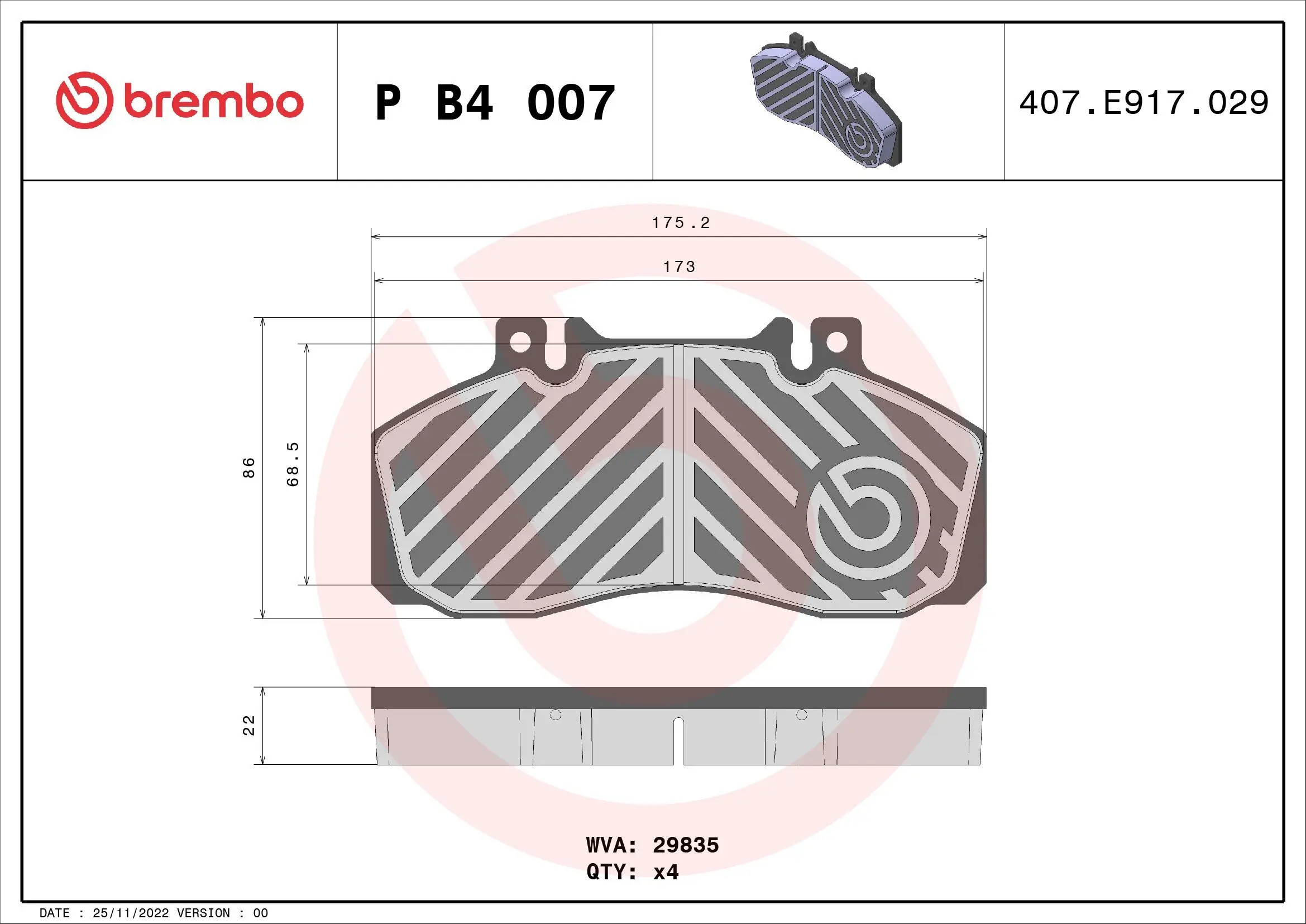 Bremsbelagsatz, Scheibenbremse BREMBO P B4 007