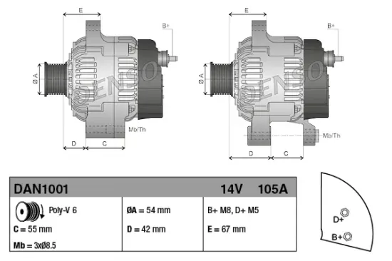 Generator 14 V DENSO DAN1001 Bild Generator 14 V DENSO DAN1001