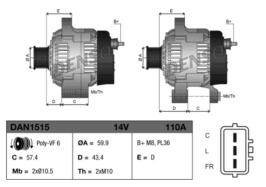 Generator 14 V DENSO DAN1515 Bild Generator 14 V DENSO DAN1515
