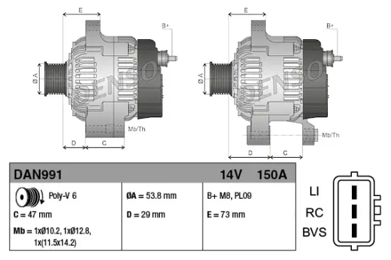 Generator 14 V DENSO DAN991 Bild Generator 14 V DENSO DAN991