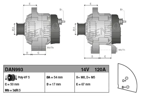 Generator 14 V DENSO DAN993 Bild Generator 14 V DENSO DAN993