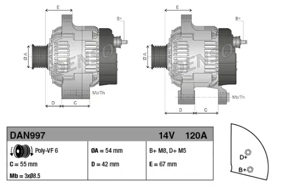Generator 14 V DENSO DAN997 Bild Generator 14 V DENSO DAN997
