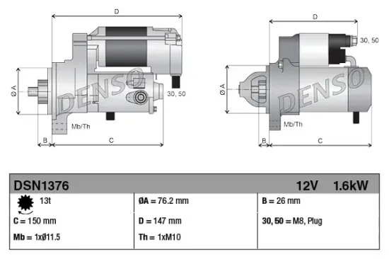 Starter 12 V 1,6 kW DENSO DSN1376 Bild Starter 12 V 1,6 kW DENSO DSN1376