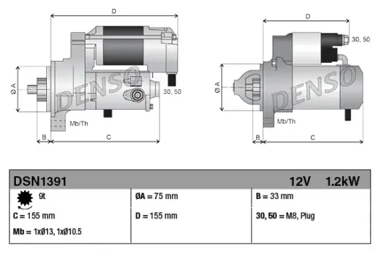 Starter 12 V 1,2 kW DENSO DSN1391 Bild Starter 12 V 1,2 kW DENSO DSN1391