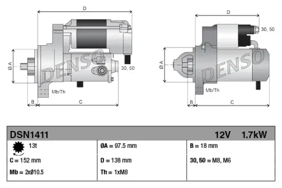 Starter 12 V 1,7 kW DENSO DSN1411 Bild Starter 12 V 1,7 kW DENSO DSN1411