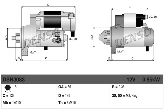 Starter 12 V 0,85 kW DENSO DSN3033 Bild Starter 12 V 0,85 kW DENSO DSN3033
