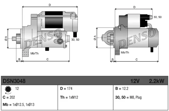 Starter 12 V 2,2 kW DENSO DSN3048 Bild Starter 12 V 2,2 kW DENSO DSN3048